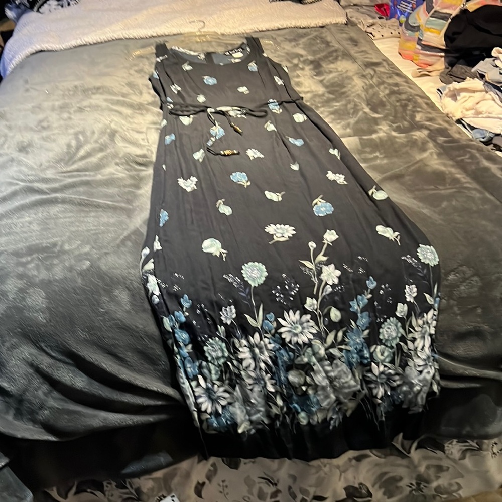Long, floral, black with blue and green flowers. Size 12